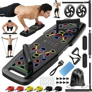 Push Up Board,Home Gym,Portable Exercise Equipment,Pilates Bar and 20 Fitness Accessories with Resistance Bands and Ab Roller Wheel,Full Body Workout at Home